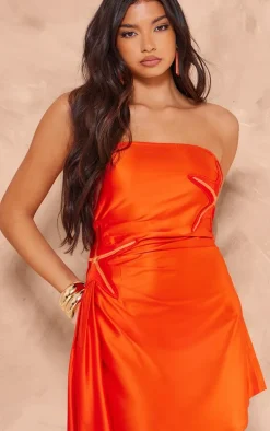 Red Satin Bandeau Embroidered Shift Dress