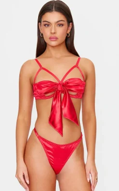 Red Satin Bow Tie Underwired Lingerie Set