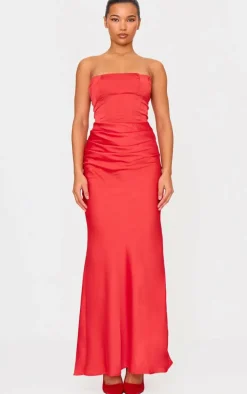 Red Satin Corset Detail Draped Maxi Dress