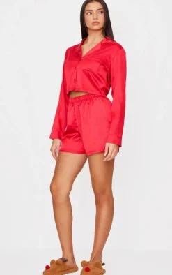 Red Satin Cropped Short Pj Set