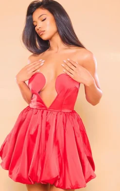Red Satin Cut Out Detail Puffball Mini Dress