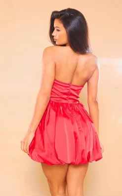 Red Satin Cut Out Detail Puffball Mini Dress