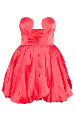 Red Satin Cut Out Detail Puffball Mini Dress