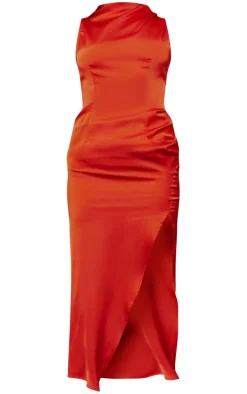Red Satin High Neck Ruched Back Detail Midi Dress