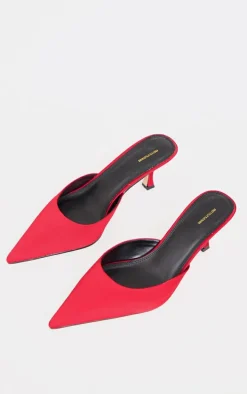 Red Satin Point Toe Mid Stiletto Heeled Mules