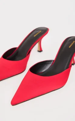 Red Satin Point Toe Mid Stiletto Heeled Mules