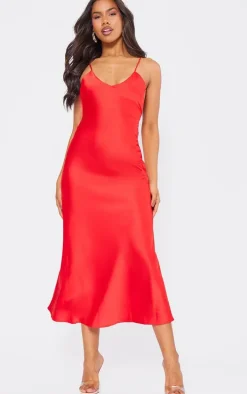 Red Satin V Neck Slip Dress