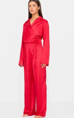 Red Satin Wrap Cropped Long Pj Set