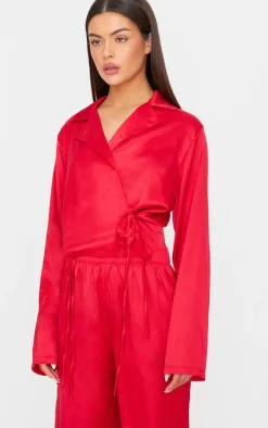 Red Satin Wrap Cropped Long Pj Set