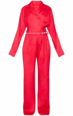 Red Satin Wrap Cropped Long Pj Set