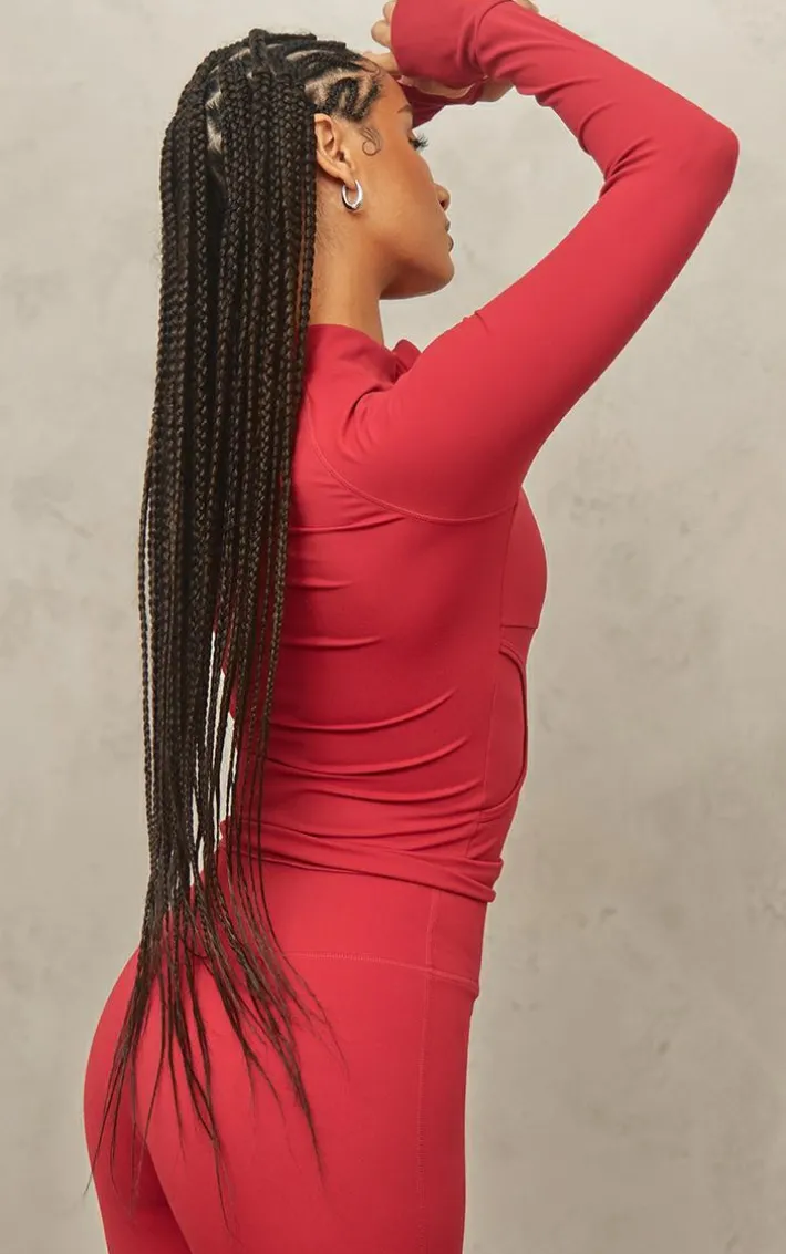 Red Sculpt Pocket Front Double Zip Up Jacket