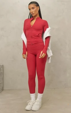 Red Sculpt Pocket Front Double Zip Up Jacket