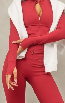 Red Sculpt Pocket Front Double Zip Up Jacket