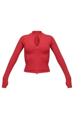 Red Sculpt Pocket Front Double Zip Up Jacket