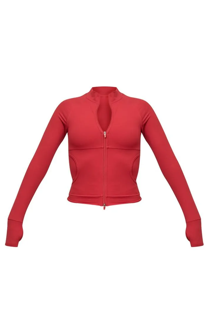 Red Sculpt Pocket Front Double Zip Up Jacket