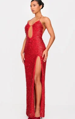 Red Sequin Cut Out Maxi Dress