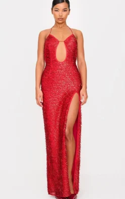 Red Sequin Cut Out Maxi Dress