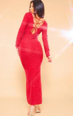 Red Sequin Knitted Lace Back Maxi Dress