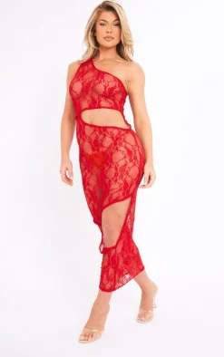 Red Sheer Lace One Shoulder Multi Cut Out Midaxi Dress