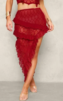 Red Sheer Textured Ruffle Asymmetric Mini Skirt