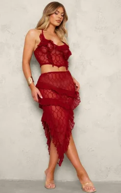 Red Sheer Textured Ruffle Asymmetric Mini Skirt