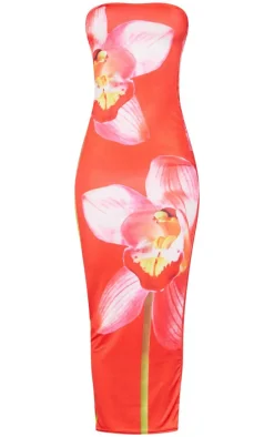Red Slinky Bandeau Large Floral Print Midaxi Dress