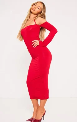 Red Slinky Bardot Tie Neck Midi Dress