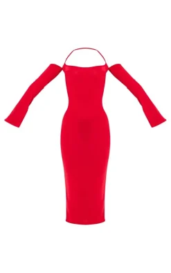 Red Slinky Bardot Tie Neck Midi Dress