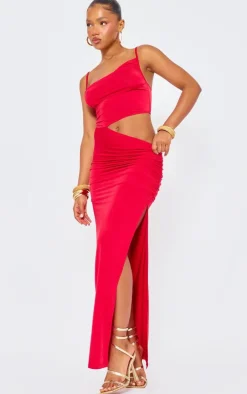 Red Slinky Cowl Side Cut Out Detail Strappy Maxi Dress