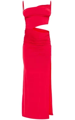 Red Slinky Cowl Side Cut Out Detail Strappy Maxi Dress