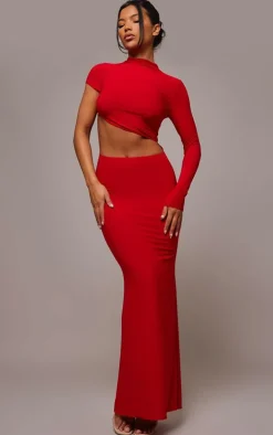 Red Slinky One Shoulder Cut Out Maxi Dress