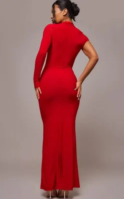 Red Slinky One Shoulder Cut Out Maxi Dress