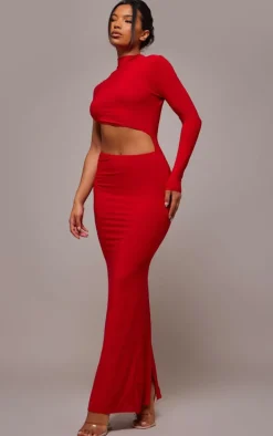 Red Slinky One Shoulder Cut Out Maxi Dress