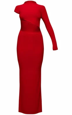 Red Slinky One Shoulder Cut Out Maxi Dress