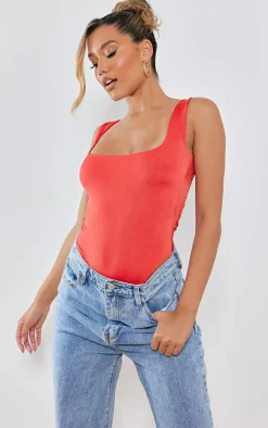 Red Slinky Scoop Neck Bodysuit