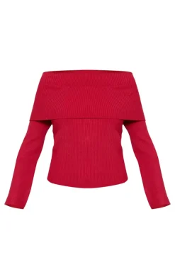 Red Soft Rib Knit Bardot Foldover Long Sleeve Top