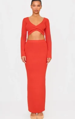 Red Soft Rib Knit Maxi Skirt