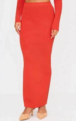 Red Soft Rib Knit Maxi Skirt