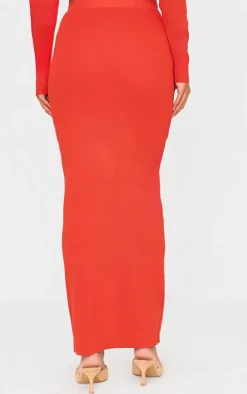 Red Soft Rib Knit Maxi Skirt