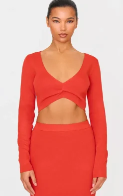 Red Soft Rib Knit Twist Front Long Sleeve Top