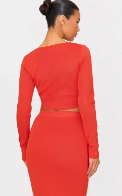 Red Soft Rib Knit Twist Front Long Sleeve Top