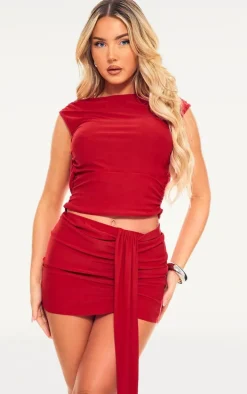 Red Soft Touch Backless Side Ruched Top