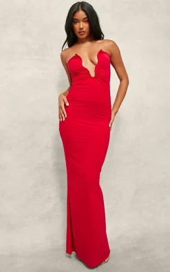 Red Soft Touch Plunge Trim Detail Bandeau Maxi Dress