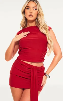 Red Soft Touch Ruched Drape Front Mini Skirt