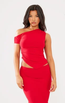 Red Soft Touch Sleeveless Asymmetric Hem Top