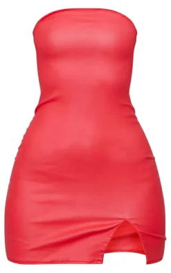 Red Split Hem Coated Denim Mini Dress