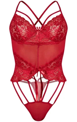 Red Strapping Detail Lace Bodysuit