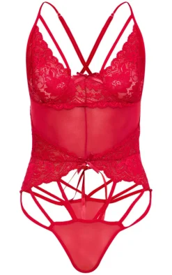 Red Strapping Detail Lace Bodysuit