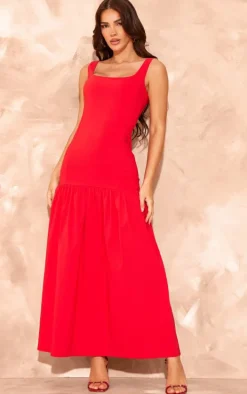 Red Stretch Woven Puff Hem Midi Dress