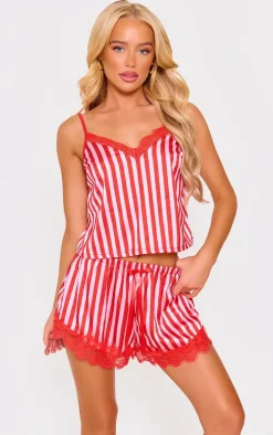 Red Stripe Contrast Lace Satin Cami Short PJ Set